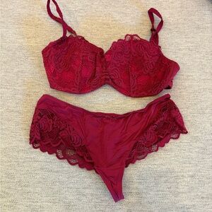 Deep Red Lace Bra & Panty Set | D Cup + M/L Bottom | Never Worn